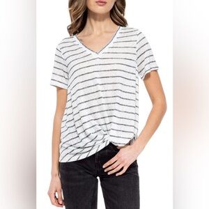 Bobeau Women’s Soft Knit Twist Hem V-Neck Tee in White/Charcoal XS